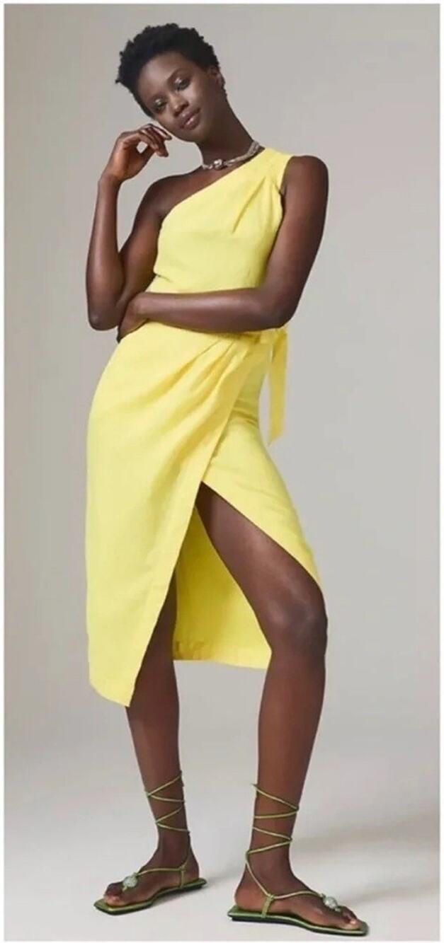 Anthropologie Yellow Linen One Shoulder Faux Wrap Dress 12 NEW